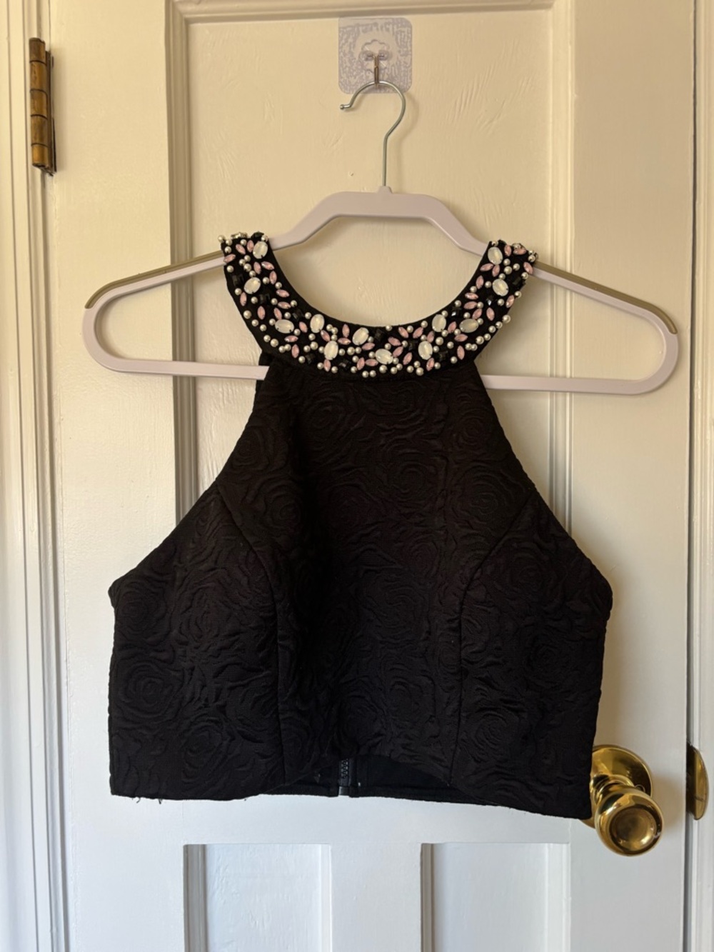 Teeze Me Black Textured Embellished Halter Crop Top for Prom